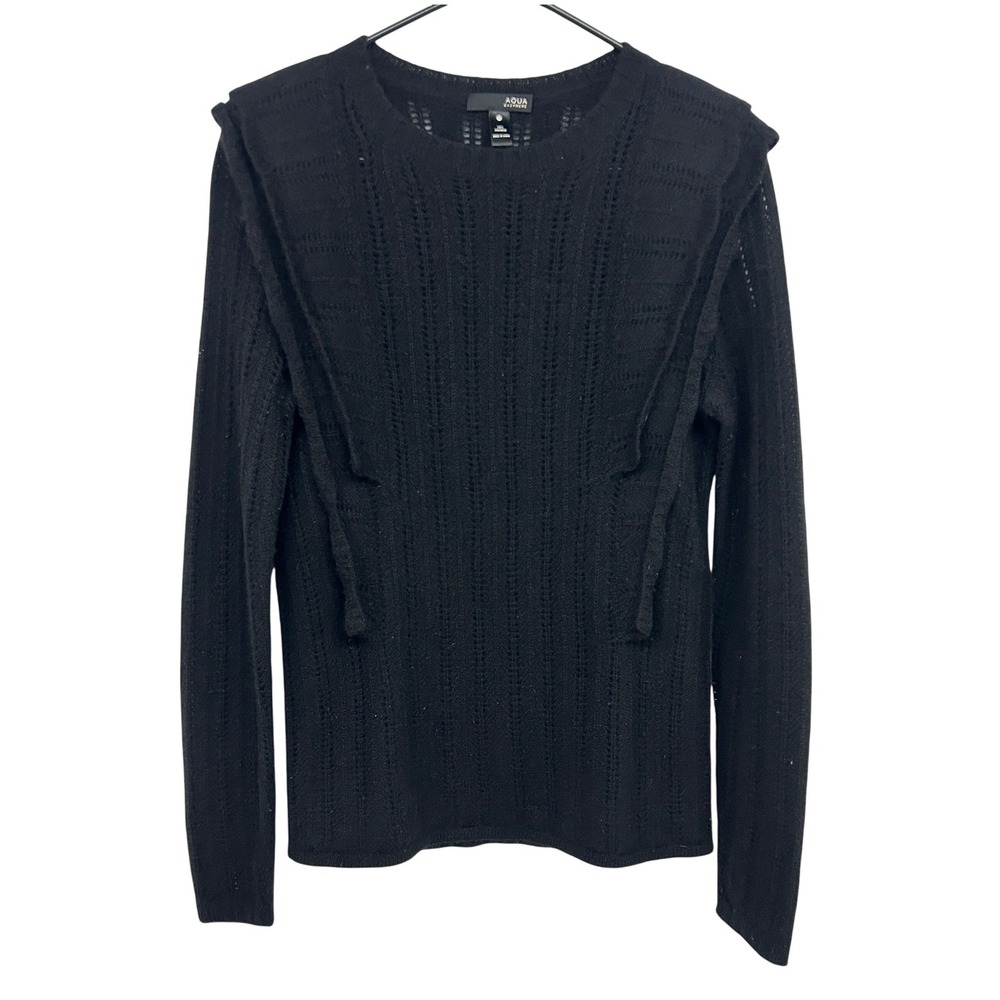 AQUA Cashmere Ruffle Pointelle‎ Knit Sweater Medium Black Dark Coquette Chic